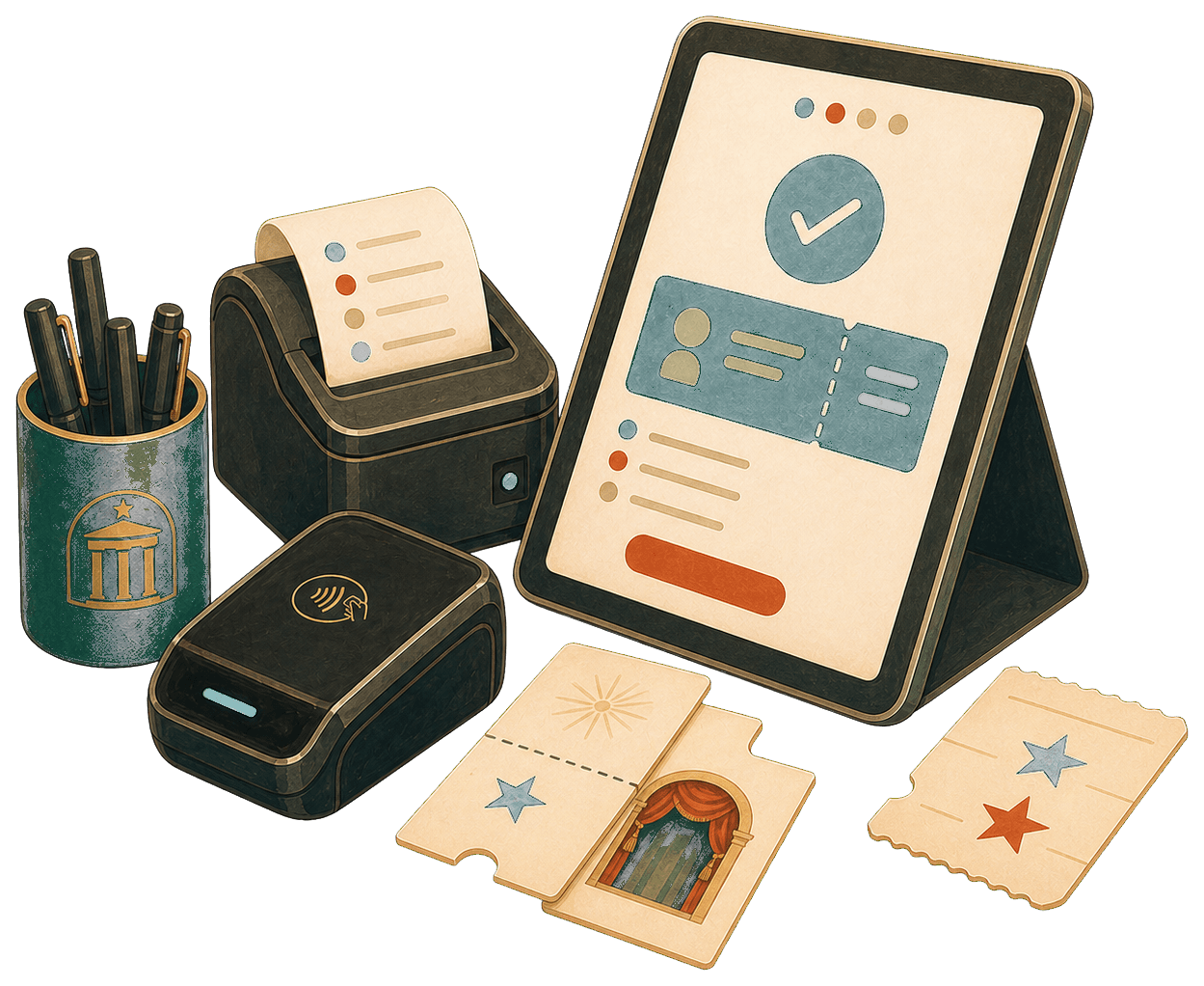 Illustration of a box office sales setup with checkout tools