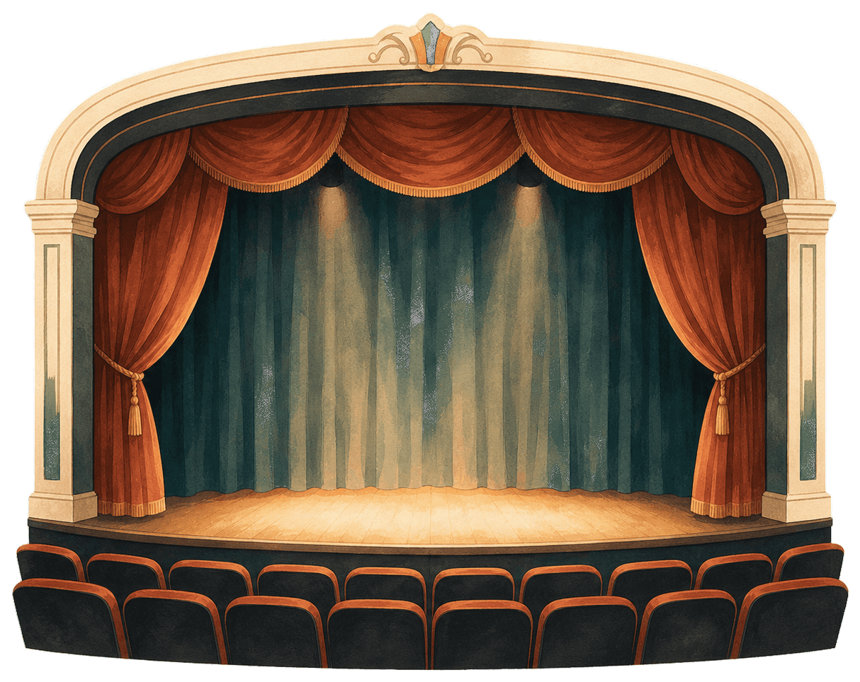 Illustration of an empty theater stage with warm curtains and seats