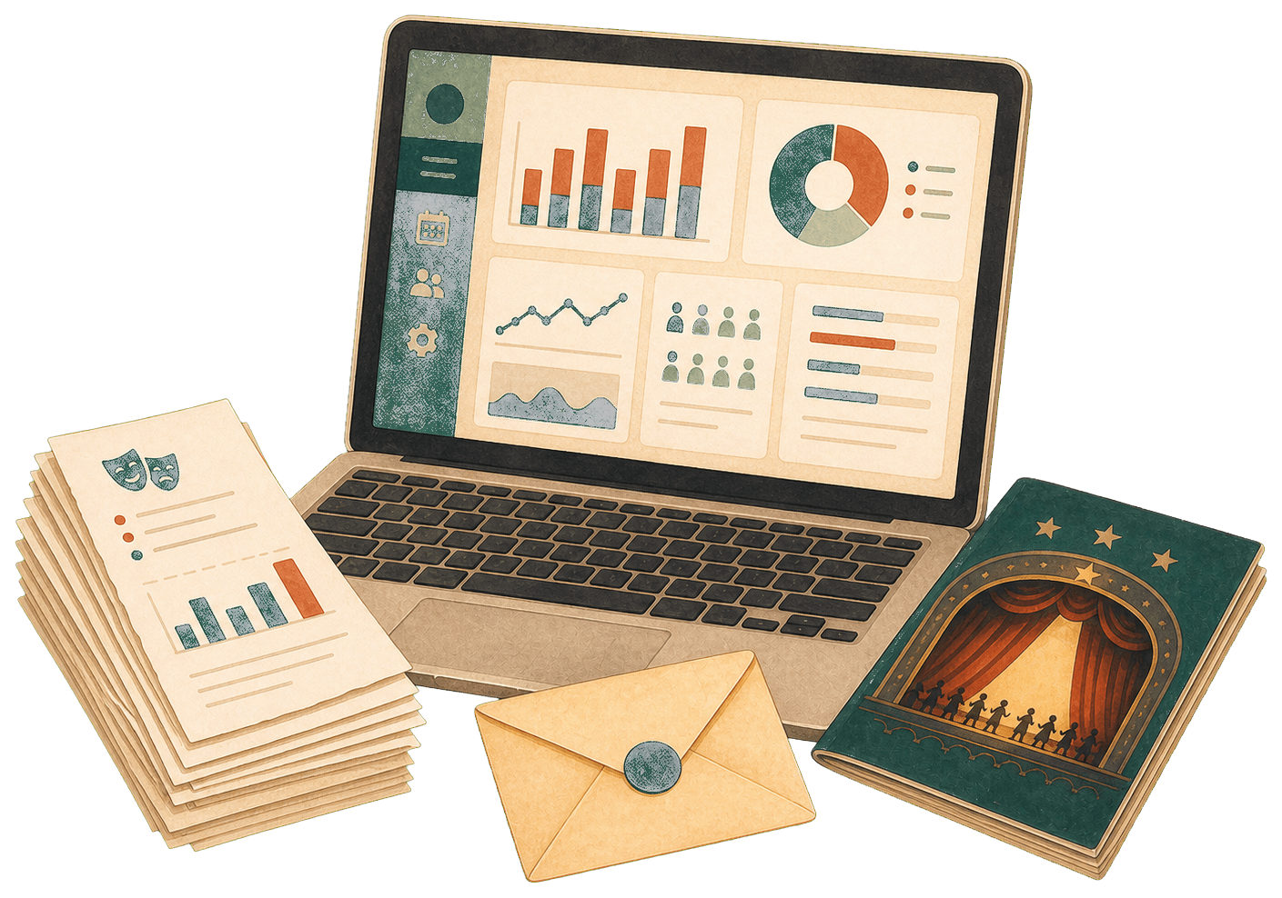 Illustration of a management dashboard and settlement notes