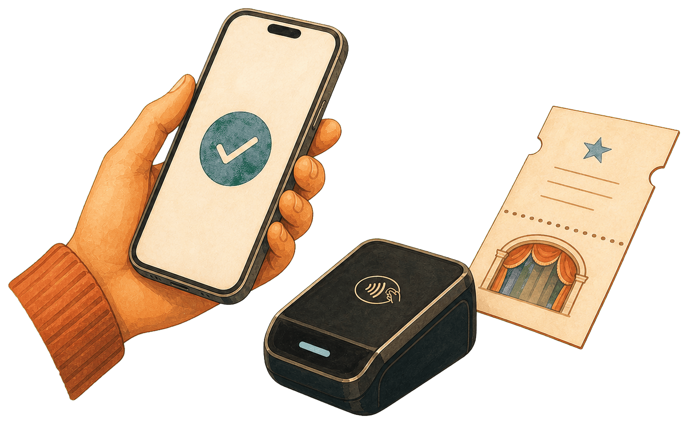 Illustration of a successful ticket sale on a phone